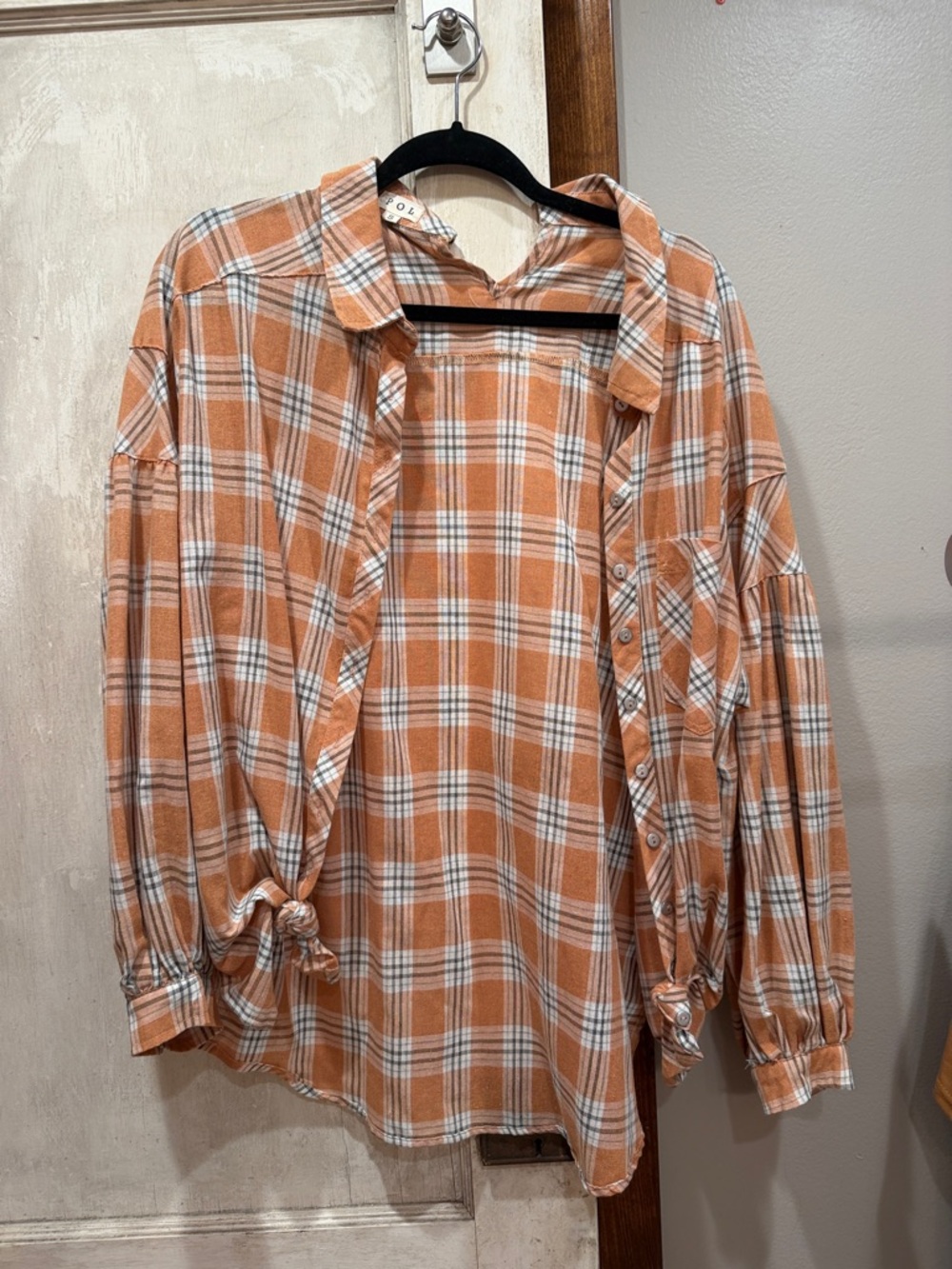 Women's Oversized Plaid Button-Up Shirt - Orange/White